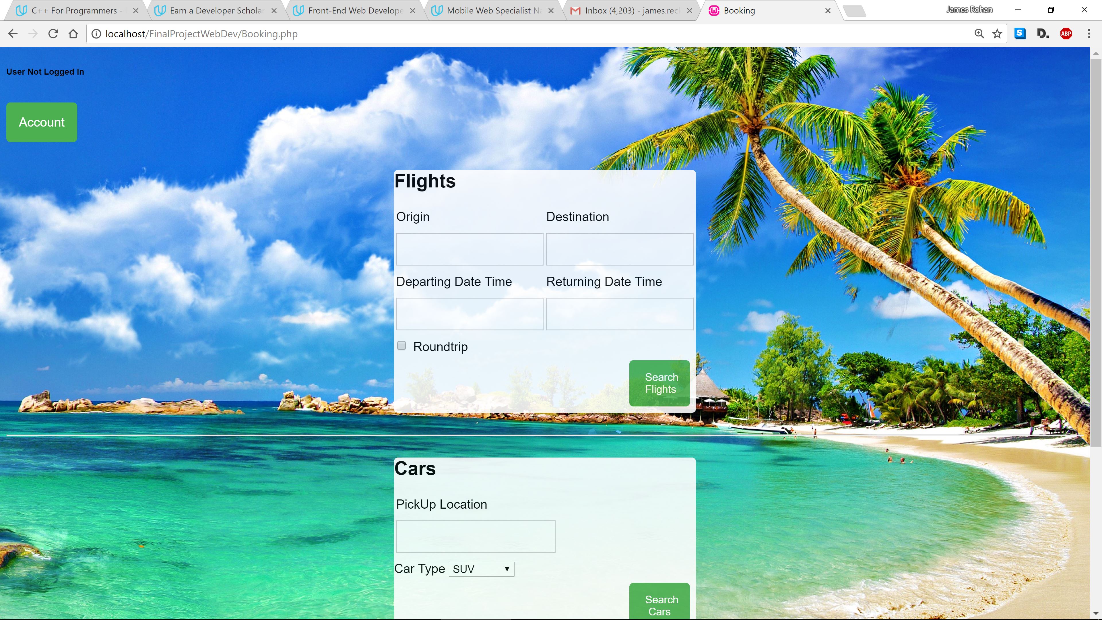 Build a Virtual Travel Agent using HTML, CSS, PHP, JavaScript, jQuery.
      Implemented a User system. Who could book flights, reserve Parking and rent Cars.
      Used MVC architecture and build a relational Database for the system using MySQL